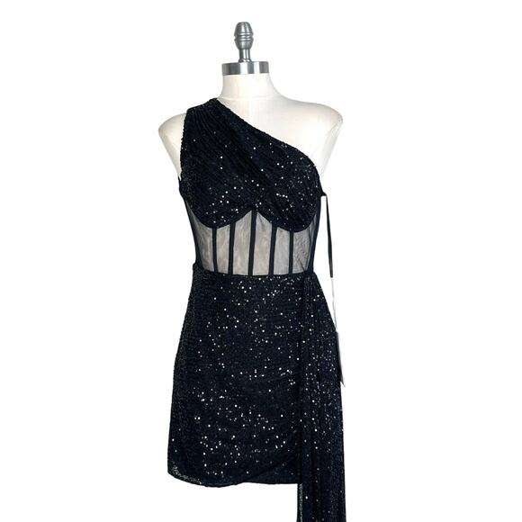 Mac Duggal One Shoulder Sequin Mini Dress Sheer Bustier Side Drape Black 20686 - Picture 11 of 16